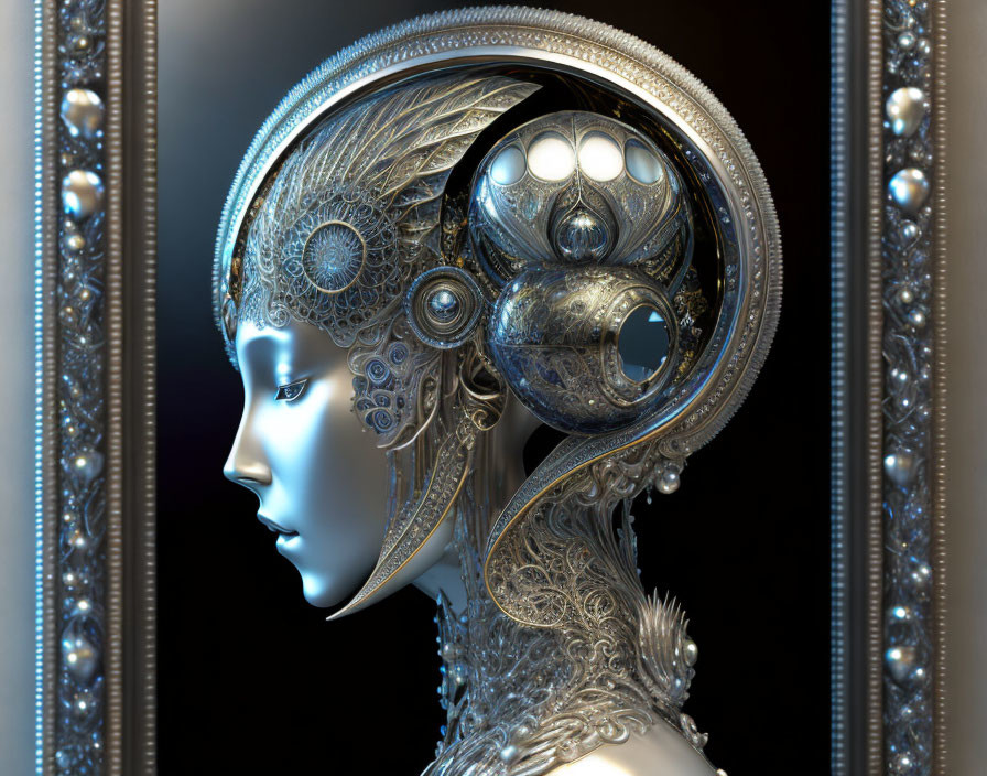 Detailed 3D rendering of futuristic android with metallic ornamentation on head