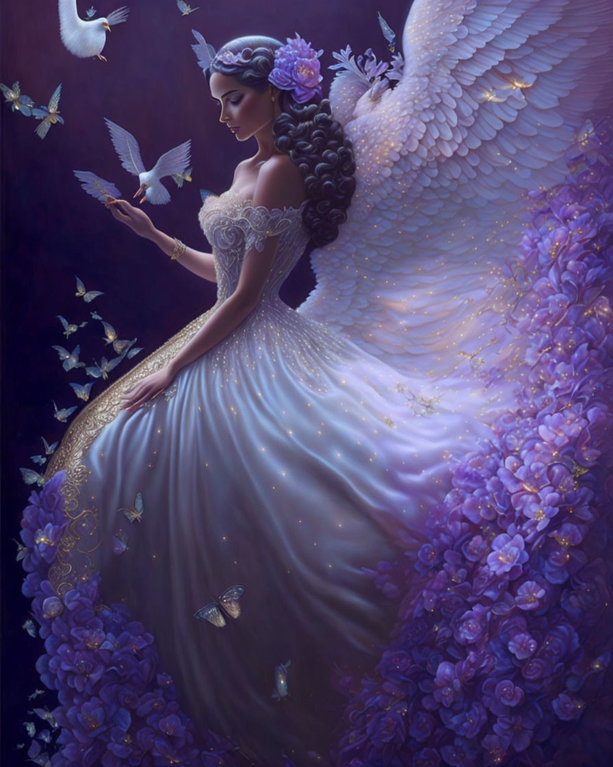 Winged woman in lilac gown with butterflies on twilight backdrop