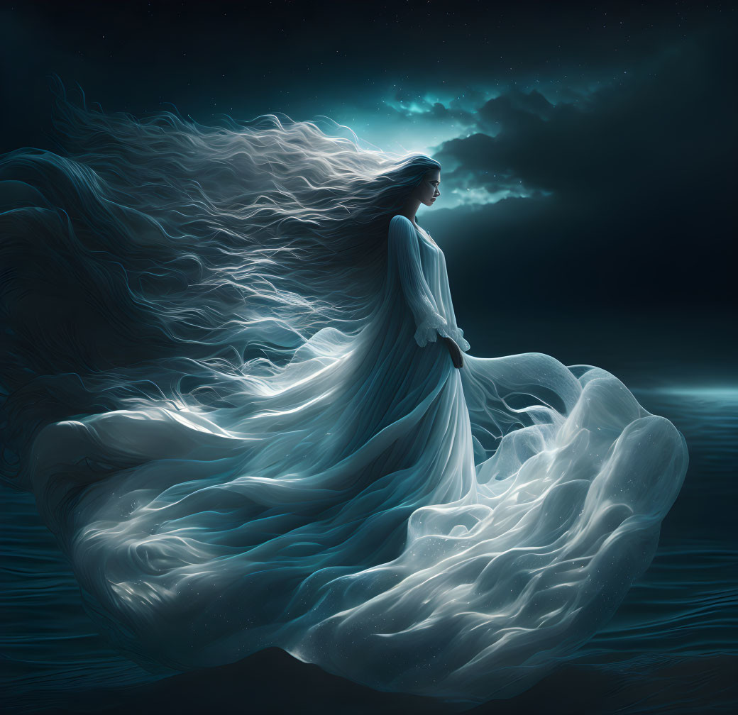 Woman in flowing white gown standing in darkness under starry sky