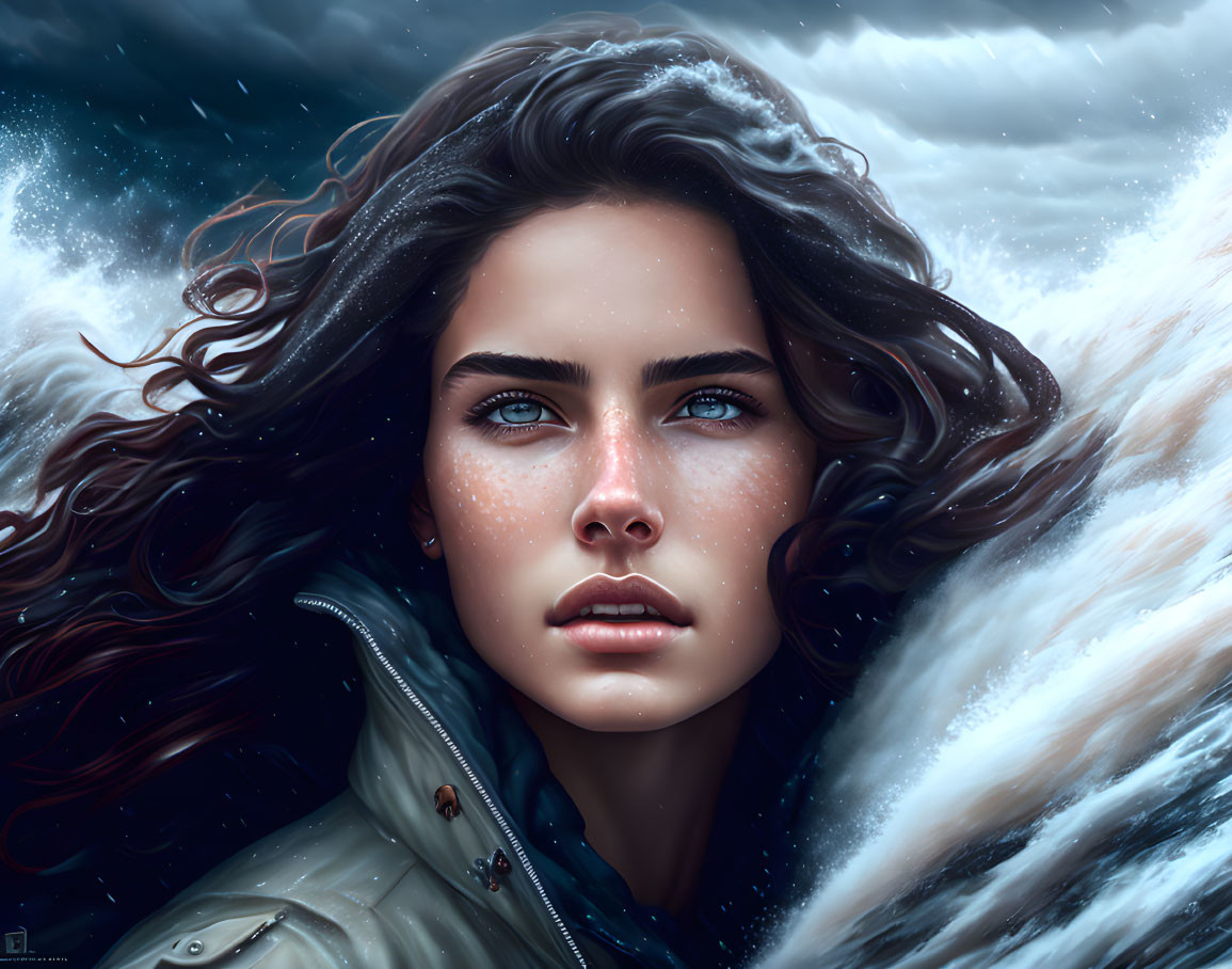 Portrait of woman with blue eyes & brown hair in snowy backdrop