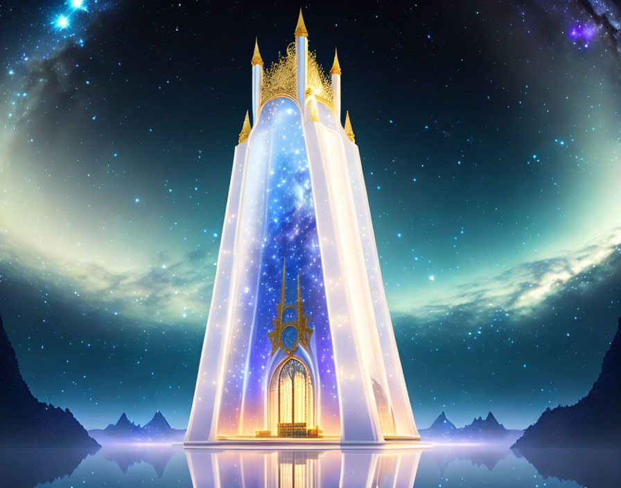 Majestic fantasy castle with glowing towers under starry night sky