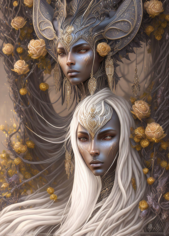 Ethereal beings with golden headpieces and tattoos amidst roses and branches