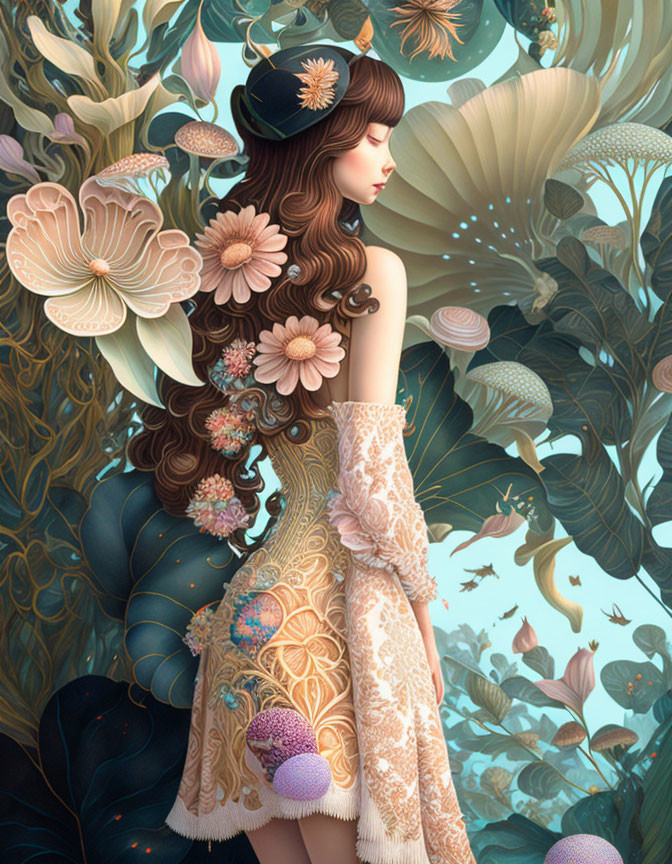 Illustration of woman in floral hat and lace dress surrounded by oversized flowers and floating fish