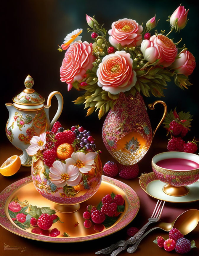 Ornate tableware, floral bouquet, fresh berries, and tea in a still life image