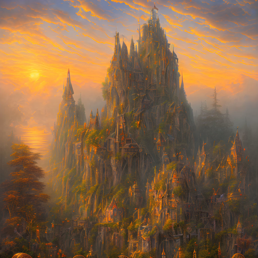 Mountain city with spires and cliffs at sunset in misty orange sky