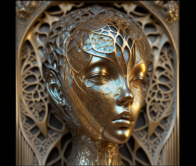 Detailed Metallic Humanoid Face Sculpture with Filigree Patterns on Ornate Background