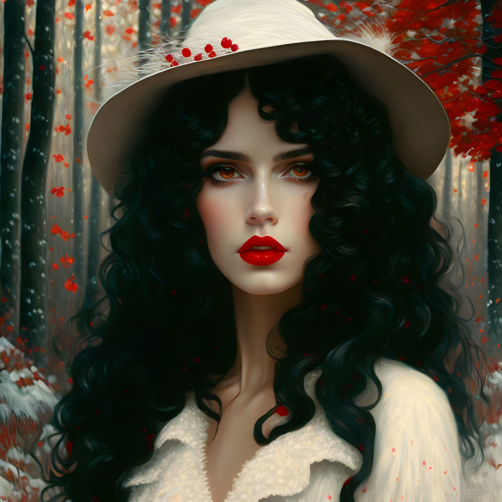 Illustrated portrait of woman with black curly hair and red lips in white outfit against red-leaved forest