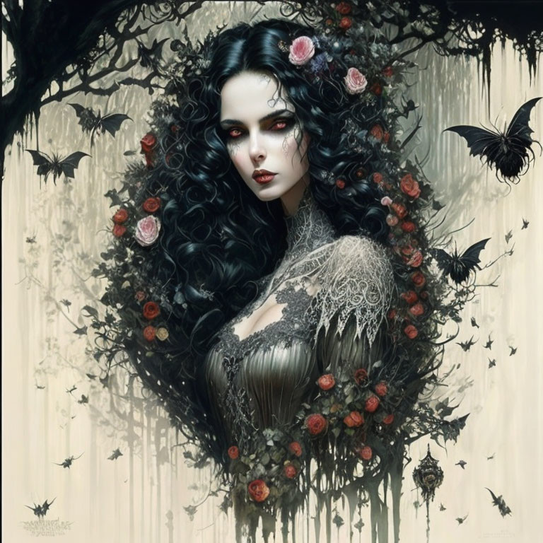 Pale woman with black hair, roses, bats - gothic fantasy illustration