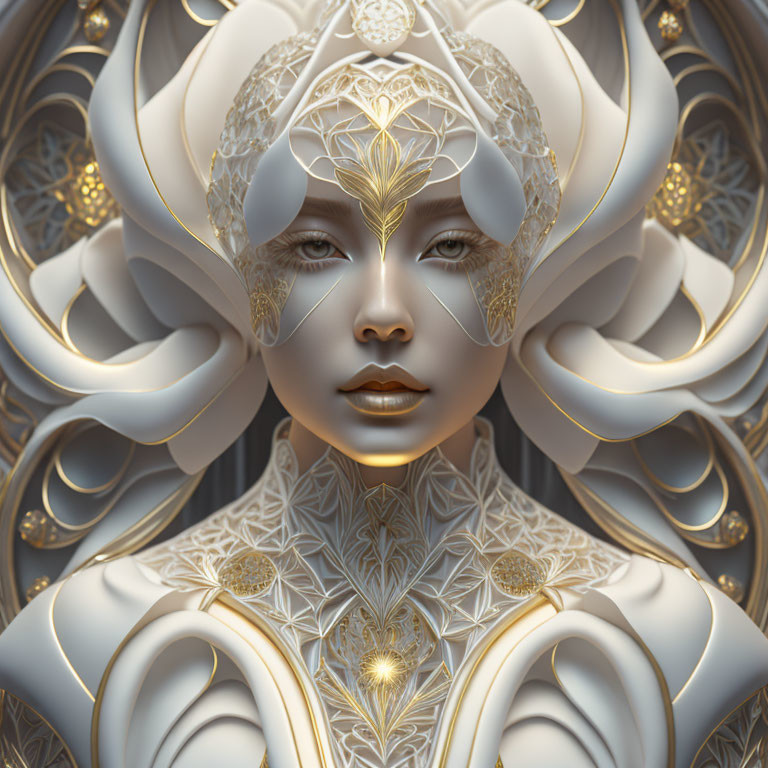 Symmetrical female figure with golden headpiece in 3D digital art