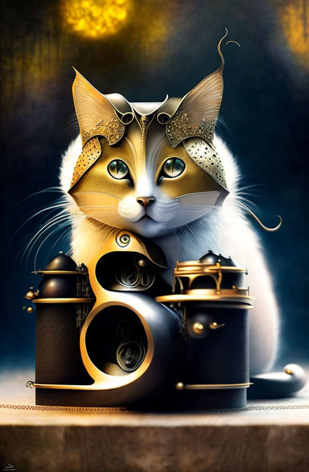 Steampunk-themed cat with mechanical helmet and goggles among fantasy gear-like objects