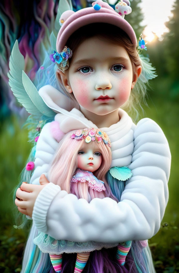 Young girl in pink beret and white cardigan holds flower-adorned doll against nature backdrop