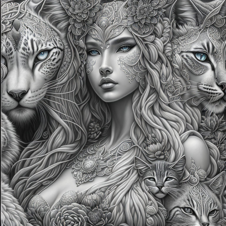 Monochrome image of woman's face with cats and floral patterns