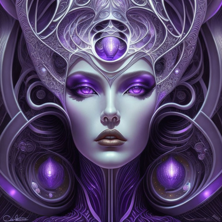 Stylized female figure with purple tones and intricate headpiece