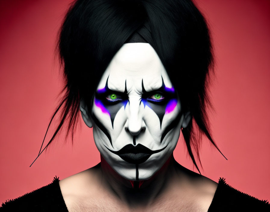 Face paint design with black and white, purple eye accents on red background