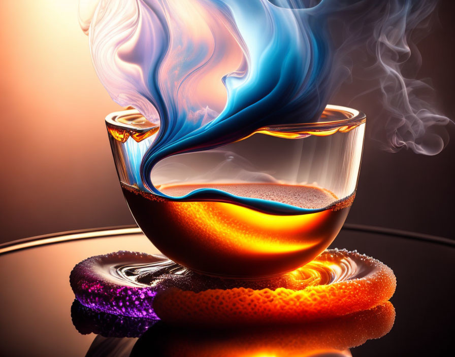 Stylized glass cup with swirling liquid and smoke on vibrant coasters