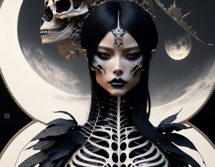 Fantasy artwork featuring woman in gothic makeup with skull and moon backdrop