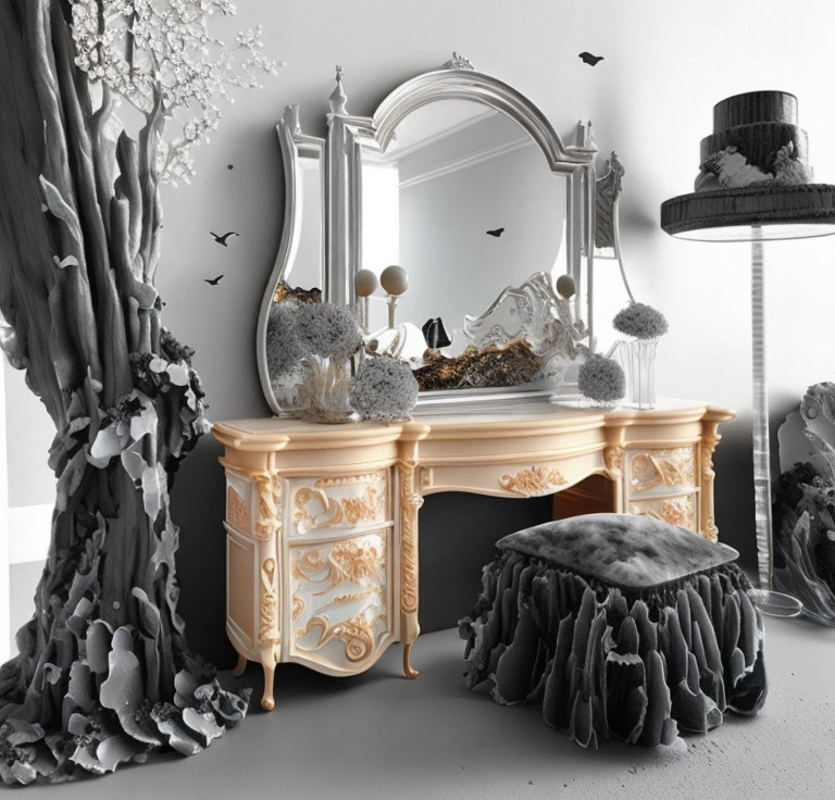 Monochrome room with classic vanity table, ornate mirror, tree sculpture, decorative birds, modern art