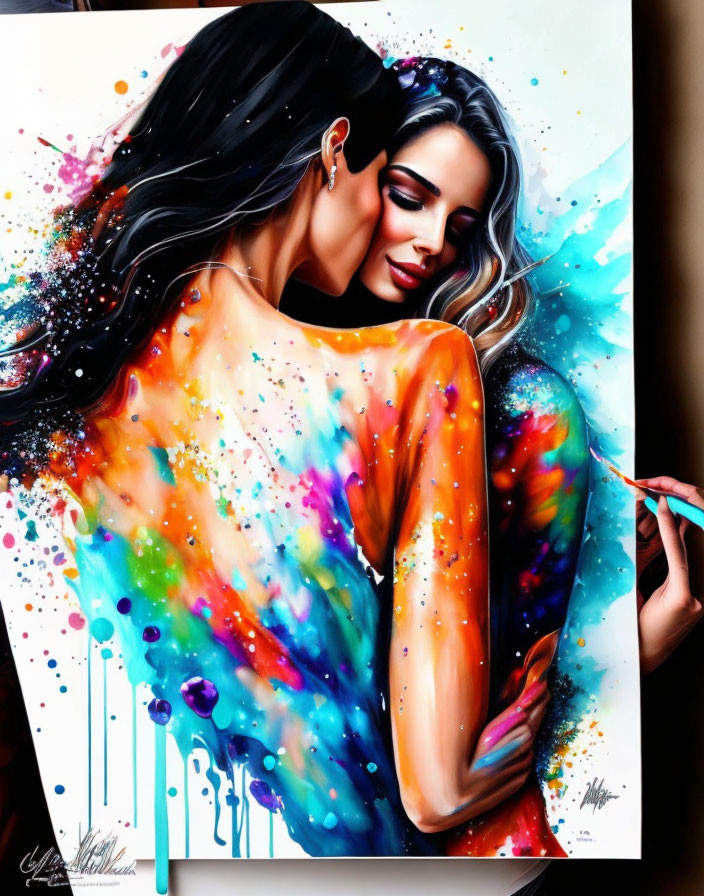 Colorful artwork: Woman with black hair merging into vibrant canvas