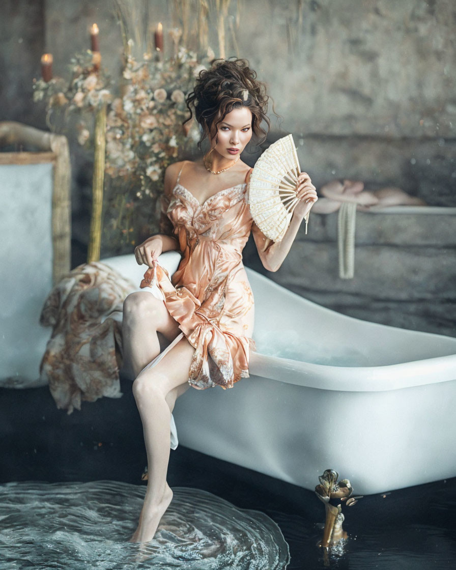 Woman in satin gown with fan by bathtub in candlelit room