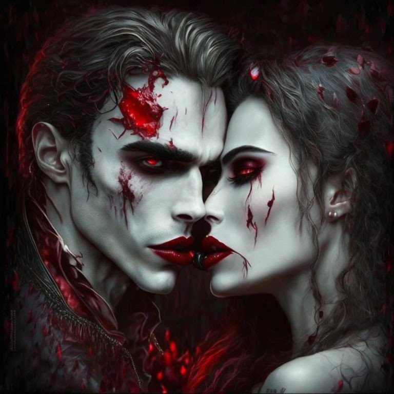 Stylized vampire-like figures with pale skin and dark hair on dark red background