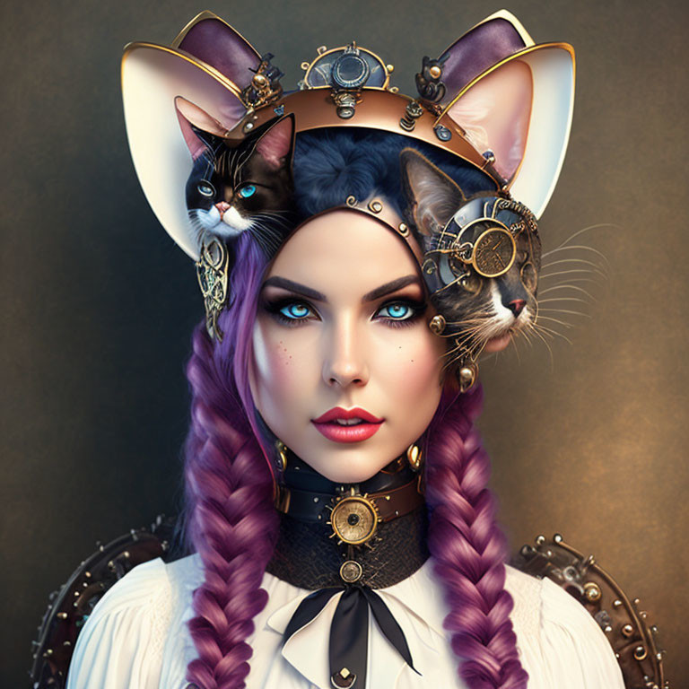 Woman with Blue Eyes and Purple Braids in Steampunk Cat Headpiece