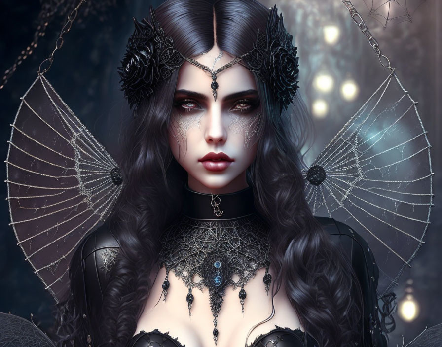 Dark-haired woman in gothic attire with cobweb motif background