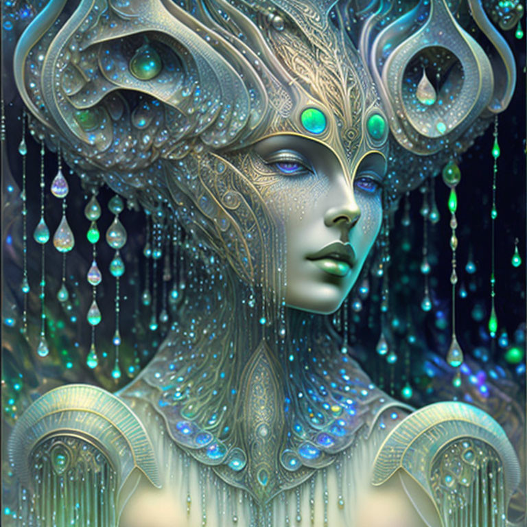 Fantastical female entity with jeweled headgear and futuristic armor aesthetic