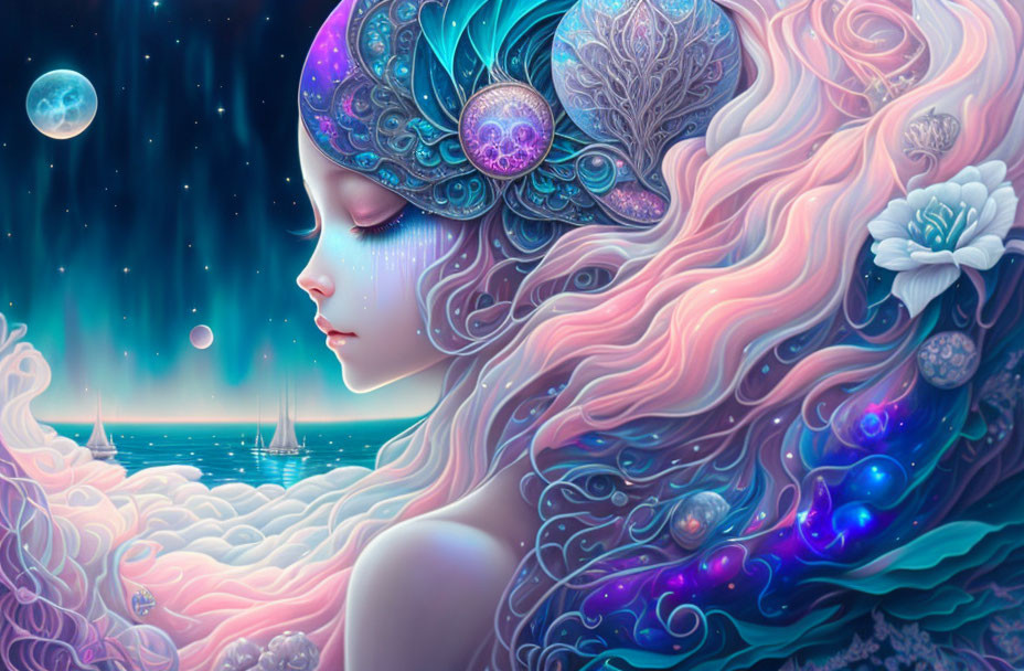 Colorful hair female figure in serene pose against starry sky and seascape