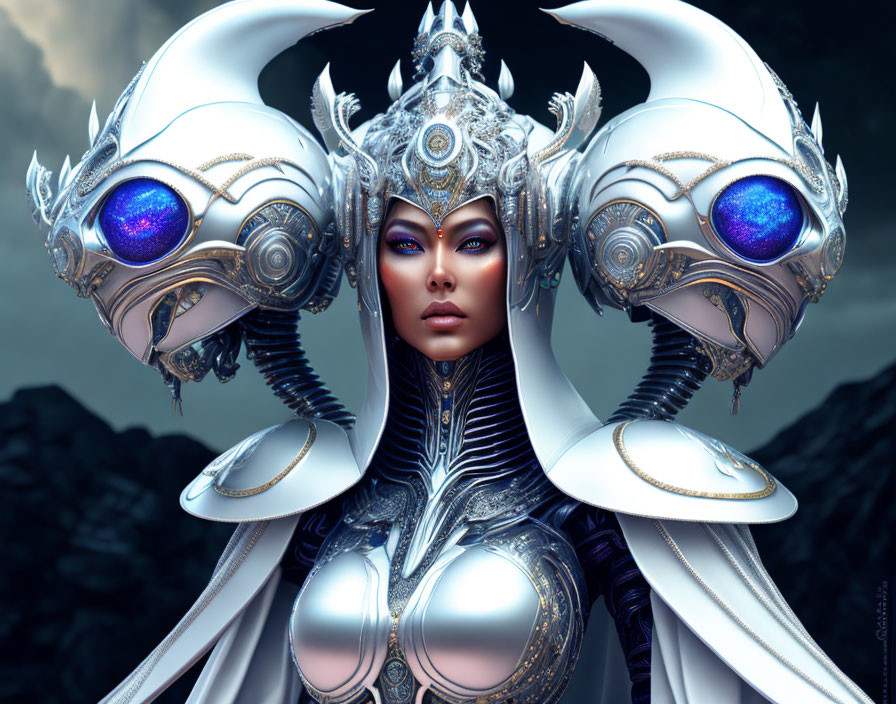 Futuristic woman in ornate silver armor with blue gemstone helmet against stormy mountains