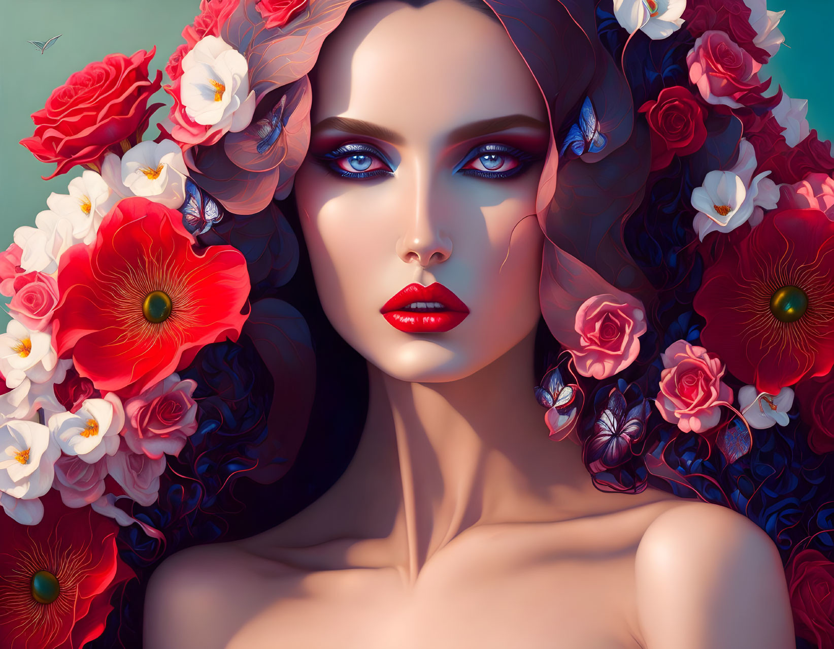 Colorful digital art: Woman with blue eyes, flowers, butterflies