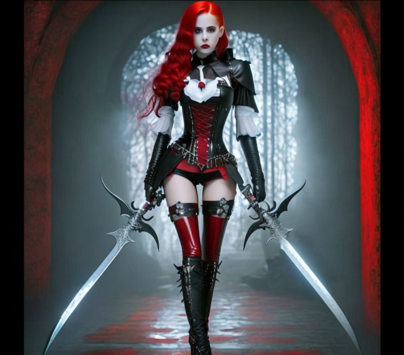 Fantasy warrior woman in red and black costume with swords in dimly lit archway