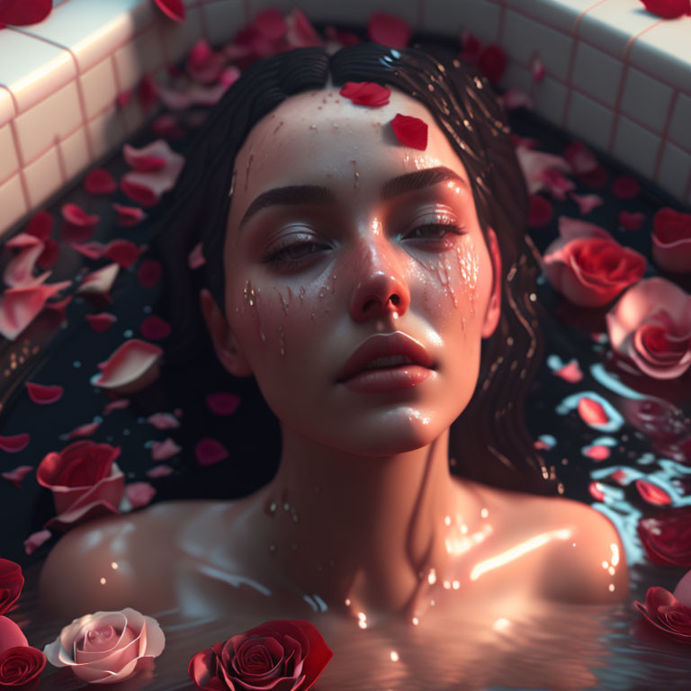 Woman in Bathtub with Red Rose Petals and Dew on Face