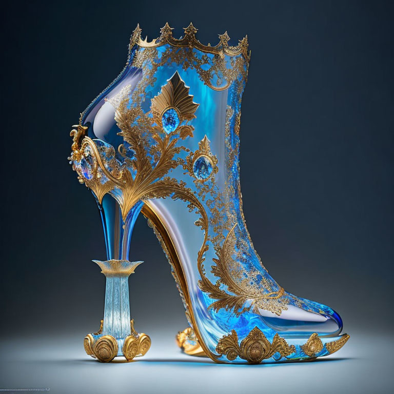 Baroque-style high-heeled shoe with gold filigree on blue gradient.