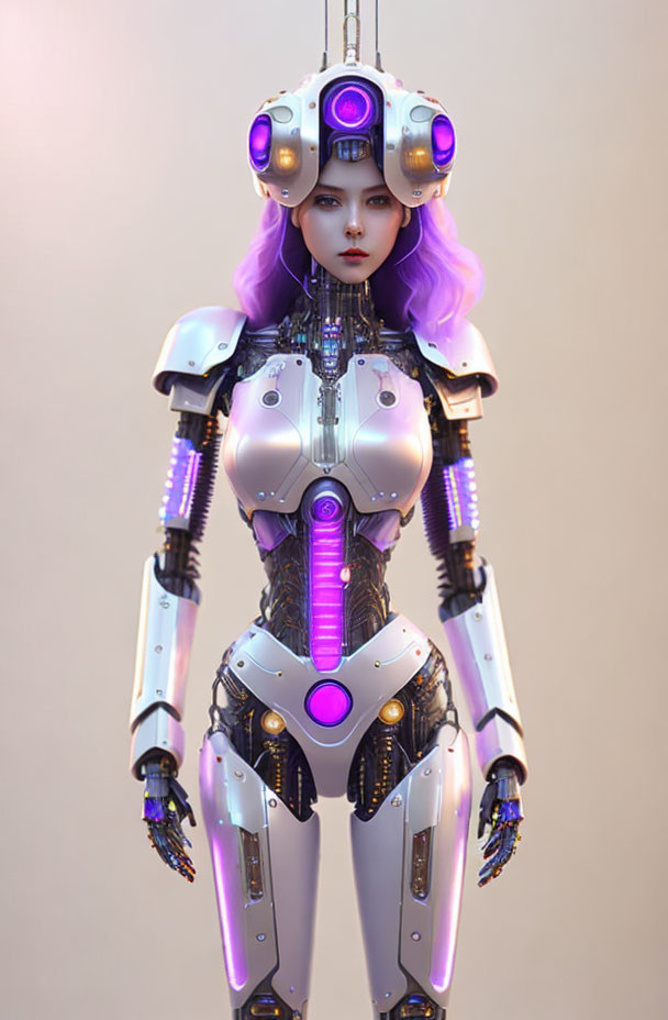 Detailed futuristic female robot with purple hair and illuminated accents on a mechanical body, set against a soft background