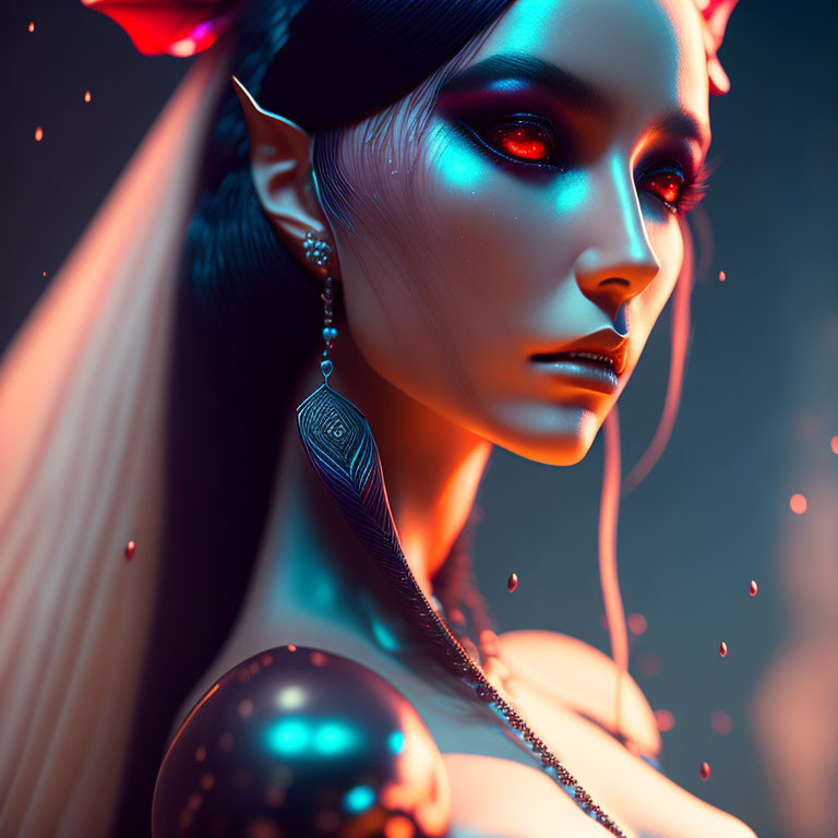 Blue-skinned female figure with pointed ears and striking makeup in digital artwork