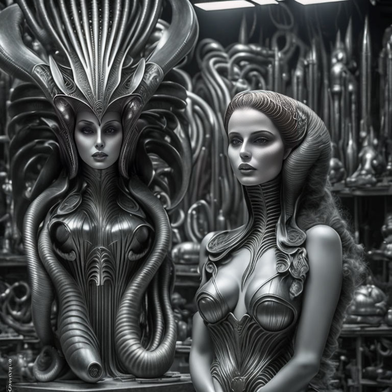 Stylized female figures in sci-fi inspired costumes with metallic textures