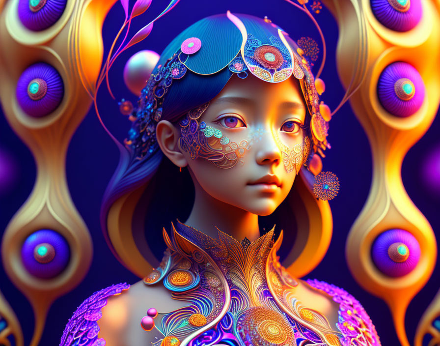 Colorful female digital art with ornate patterns and headpiece on swirling background