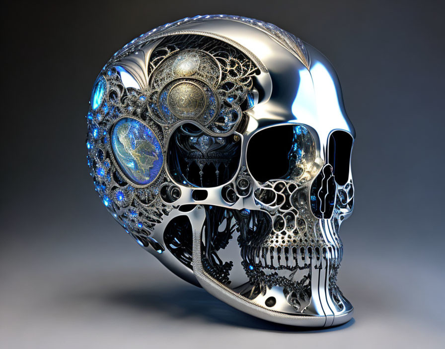 Detailed Metallic Skull with Clockwork Mechanisms and Earth Depiction