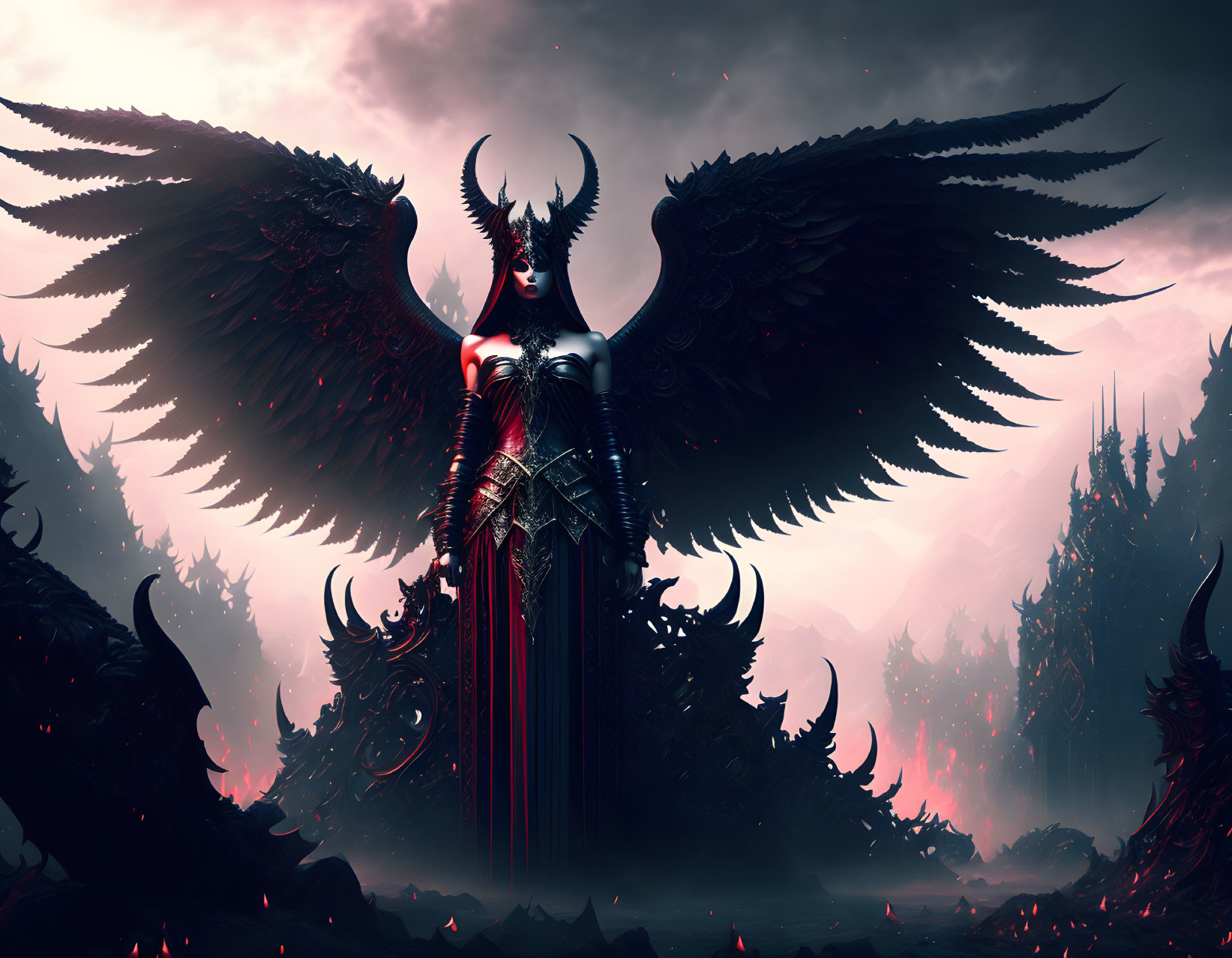 Majestic figure in black wings and armor in dark fantasy forest