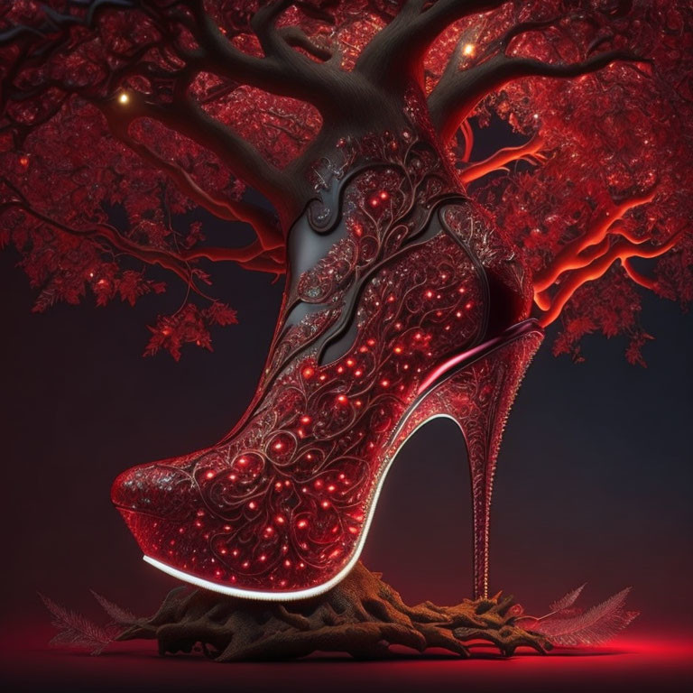 Red Patterned High-Heeled Shoe with Glowing Details and Dark Tree on Crimson Background