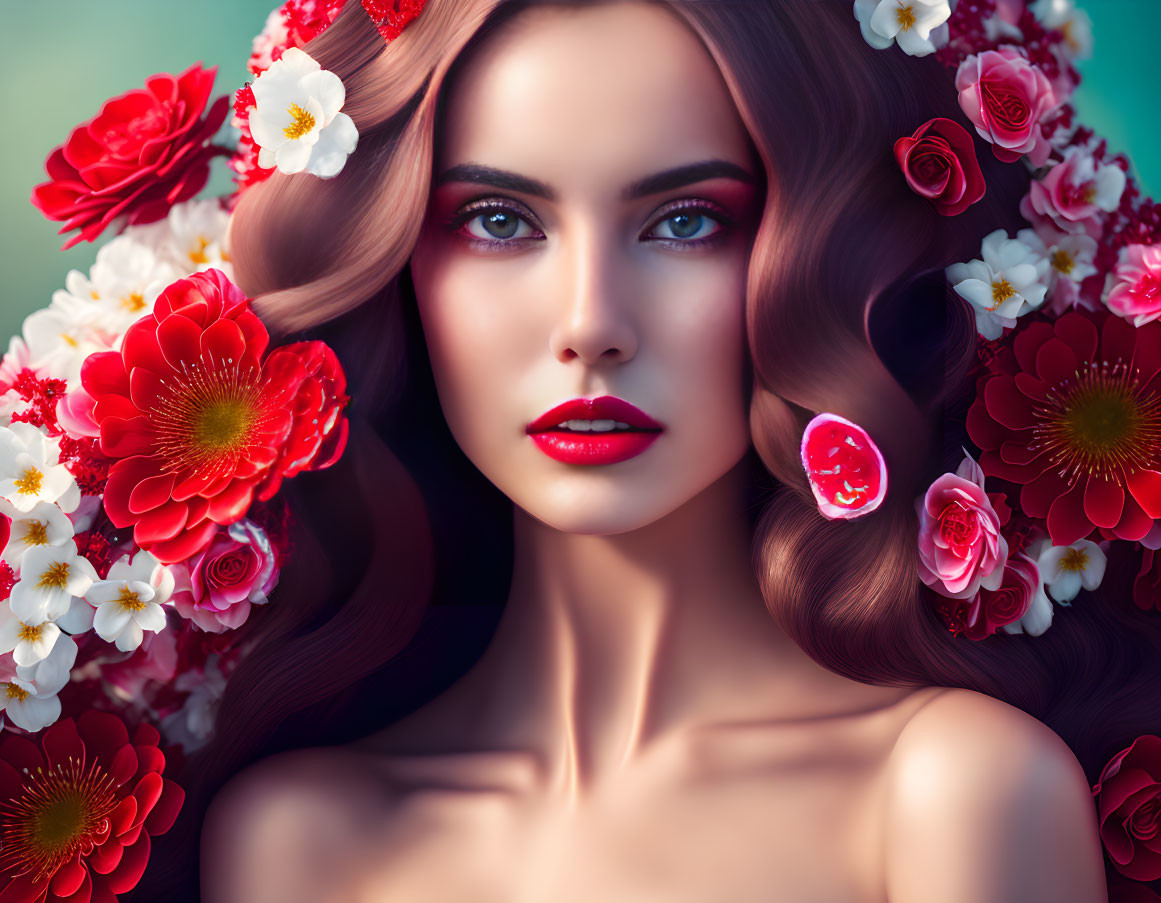 Woman with floral background and red lips portrait.