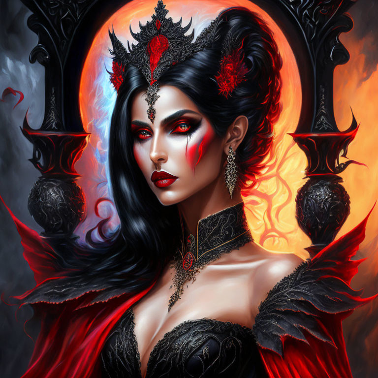 Gothic fantasy queen with dark crown and fiery torches in backdrop