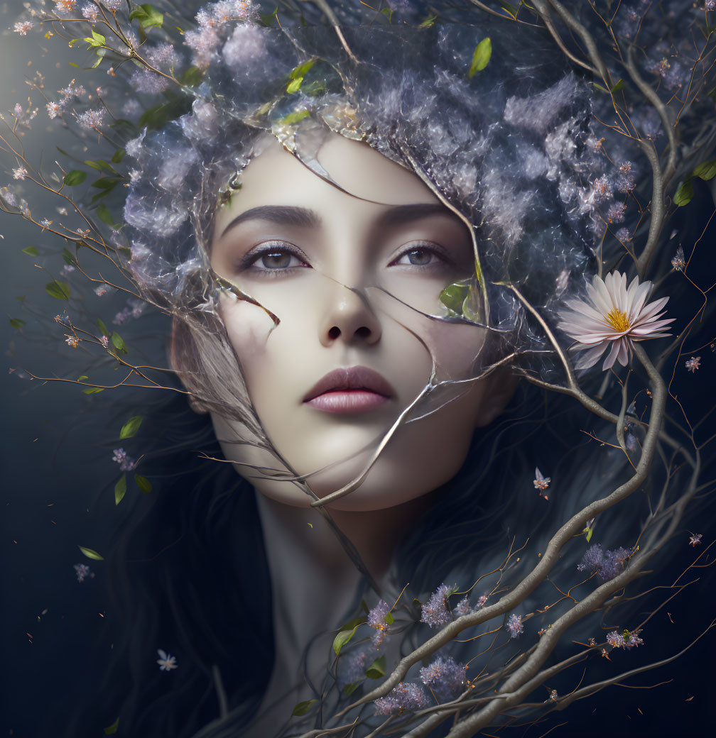Woman's face surrounded by branches and flowers, exuding mystical nature connection