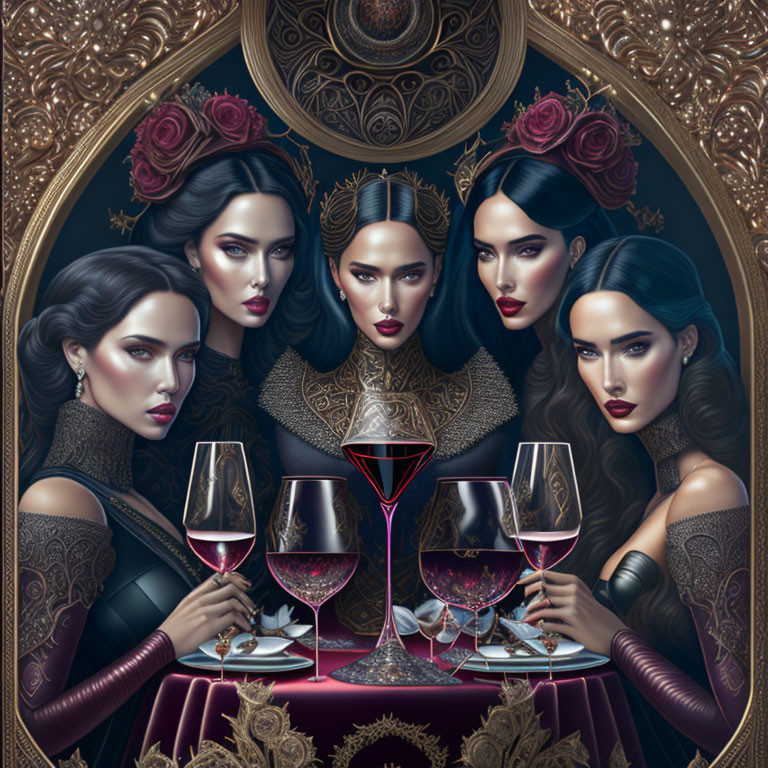 Five women with dark hair and bold makeup around a table with red wine glasses, against ornate backdrop