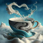 Whimsical cup of liquid with heart-shaped splash on sky-blue background