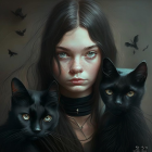 Girl with Green Eyes Surrounded by Cats, Birds in Photorealistic Style