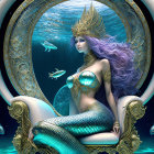 Violet-haired mermaid queen on golden throne with fish in underwater realm