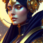 Regal female figure with metallic blue skin in ornate gold attire against crescent moon.