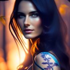 Digital portrait of woman with dark hair, glowing skin, surrounded by blossoms