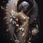 Ethereal 3D illustration of winged female in golden armor and floral details